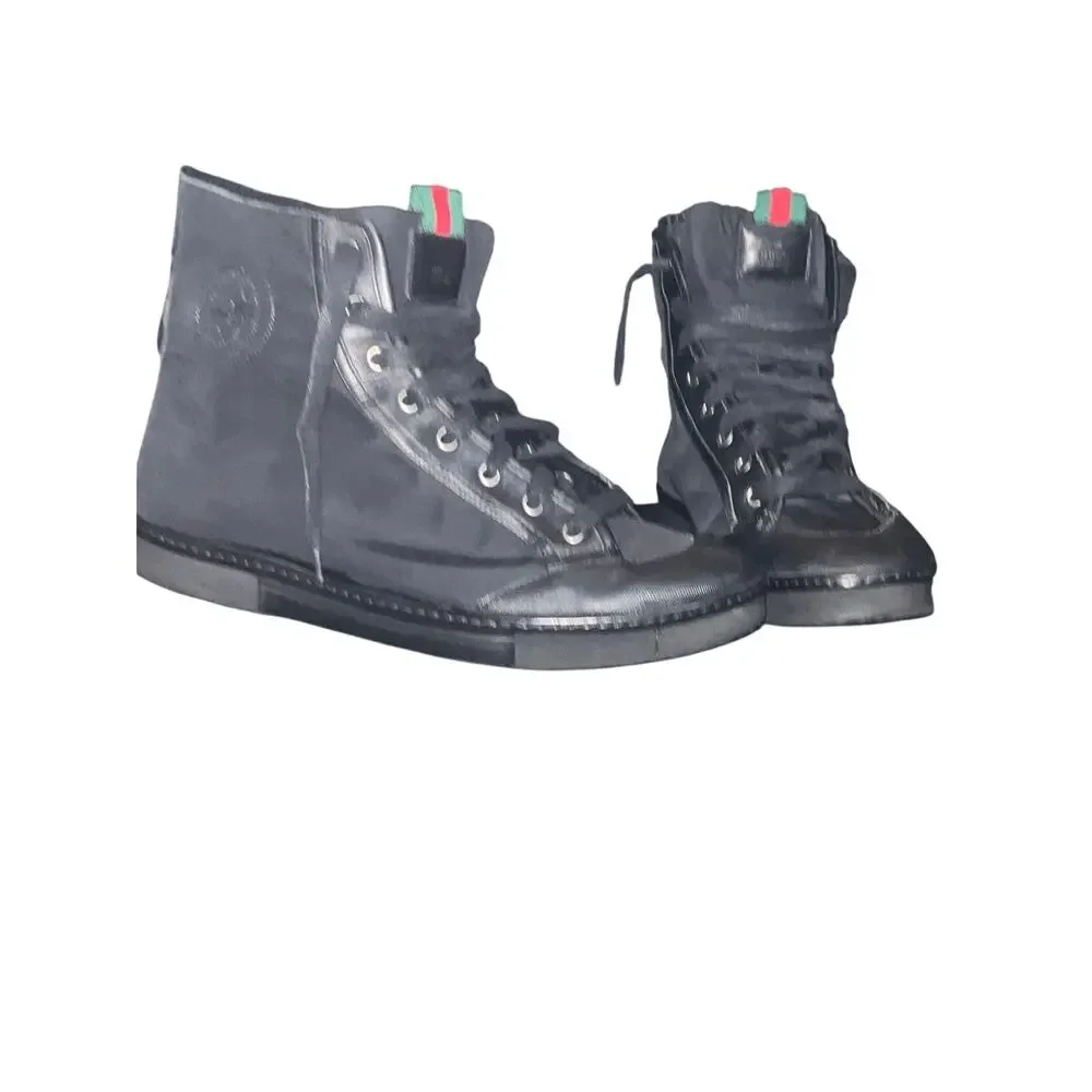 Gucci Men's High Top Sneakers Black Nylon Leather Size 11 US (10G) COA Auth